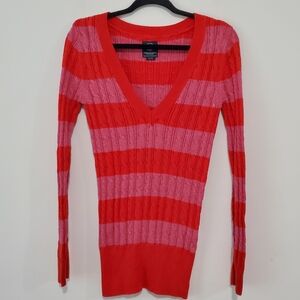 Y2K American Eagle Red Pink Striped Cable Knit Long Fitted V Neck Sz L Sweater